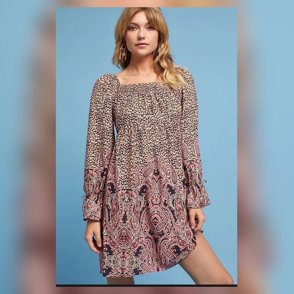 Maeve Paisley Boho Smocked Tunic Dress Square Neck Long Sleeve Milou Womens L - Picture 1 of 12